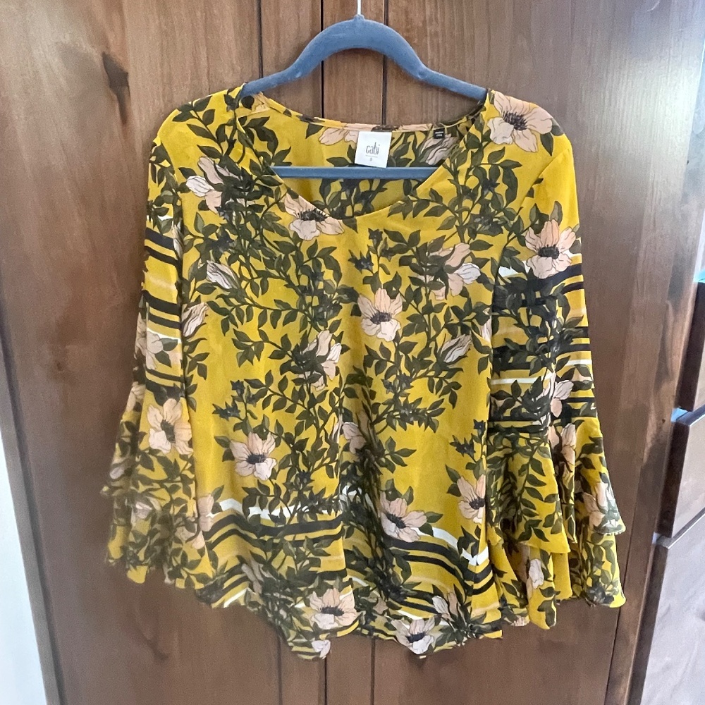 Cabi Print Blouse, Mustard Color, Size Small